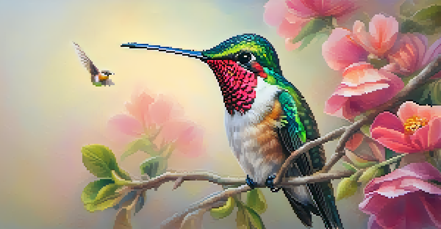 A hummingbird perched on a branch, surrounded by colorful flowers, with a soft-focus background.