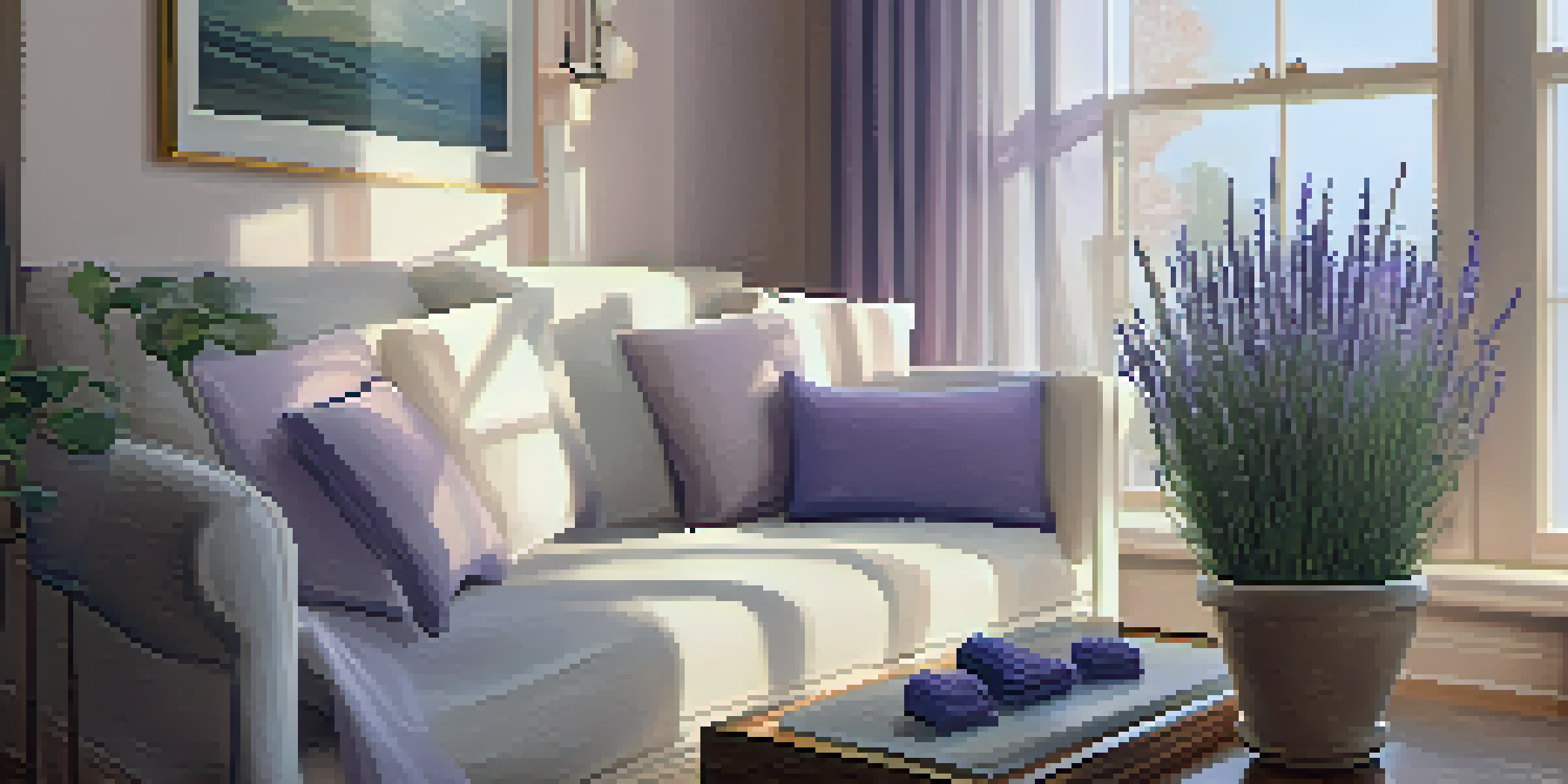 A cozy room with a diffuser releasing lavender steam, warm lighting, and a potted lavender plant on a table.
