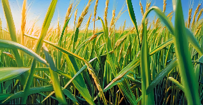 Close-up of a green rice plant with golden grains in sunlight, set against a blurred lush field background.