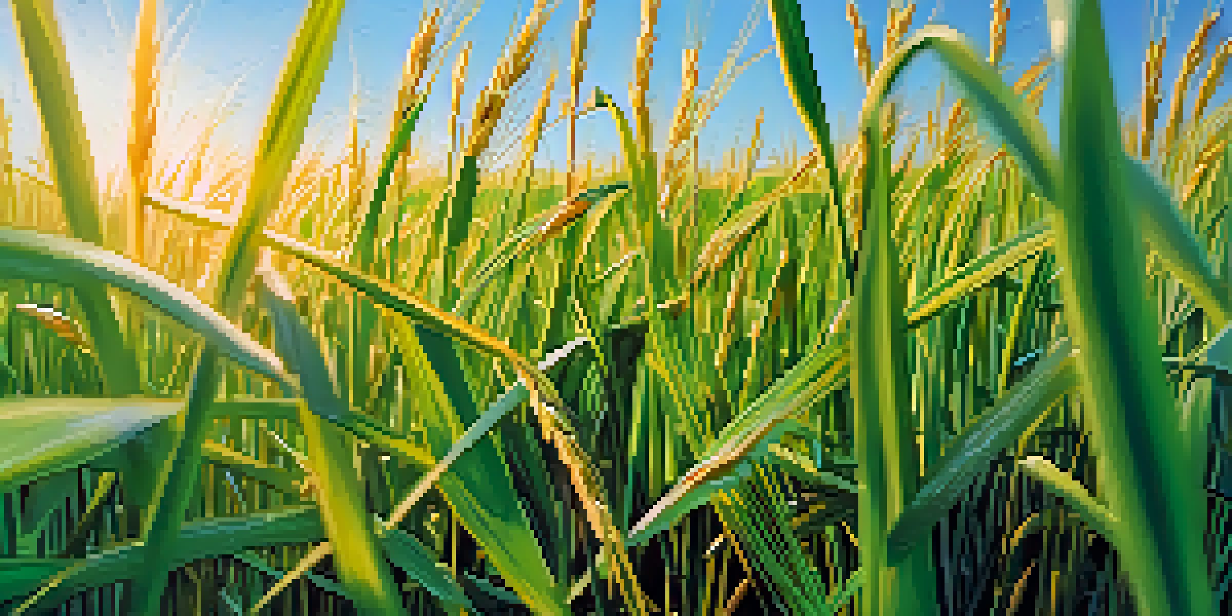 Close-up of a green rice plant with golden grains in sunlight, set against a blurred lush field background.