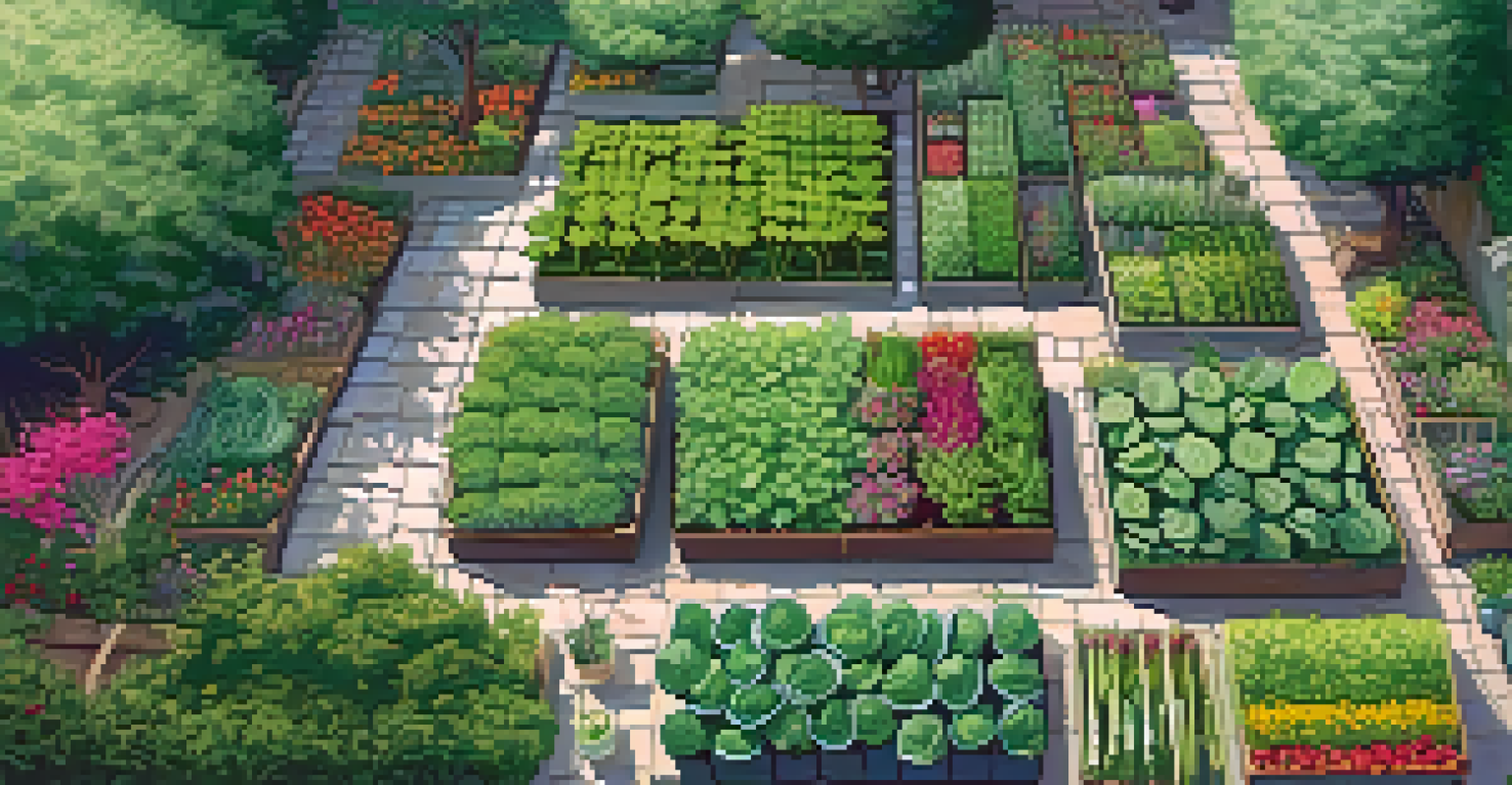Overhead view of a diverse garden layout with companion plant pairings and colorful labels, surrounded by greenery.