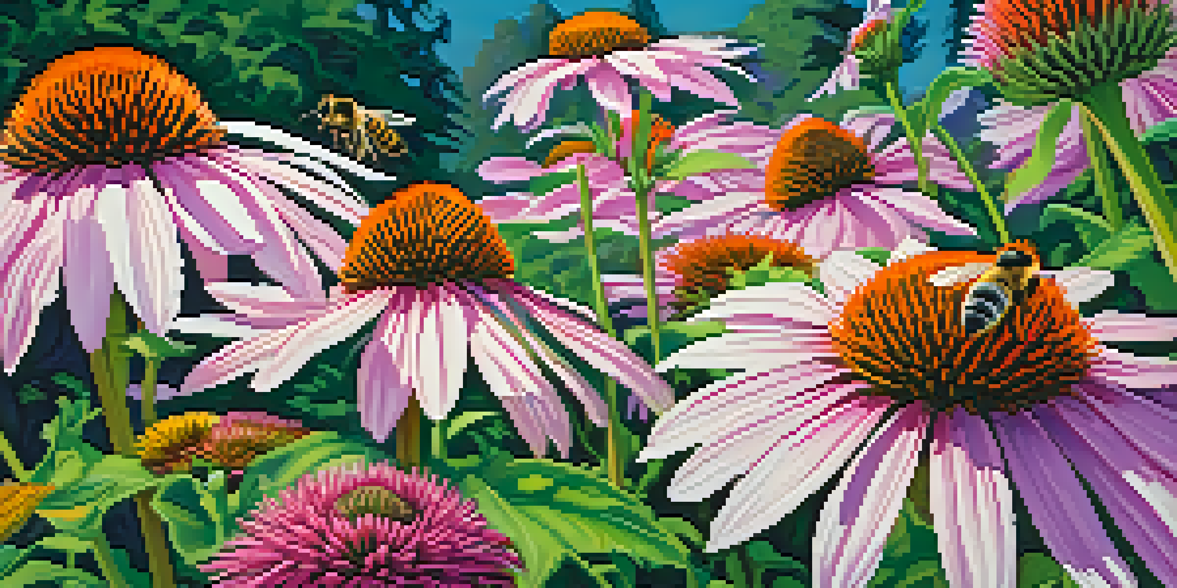 A colorful garden with Echinacea flowers attracting bees and butterflies under a blue sky.