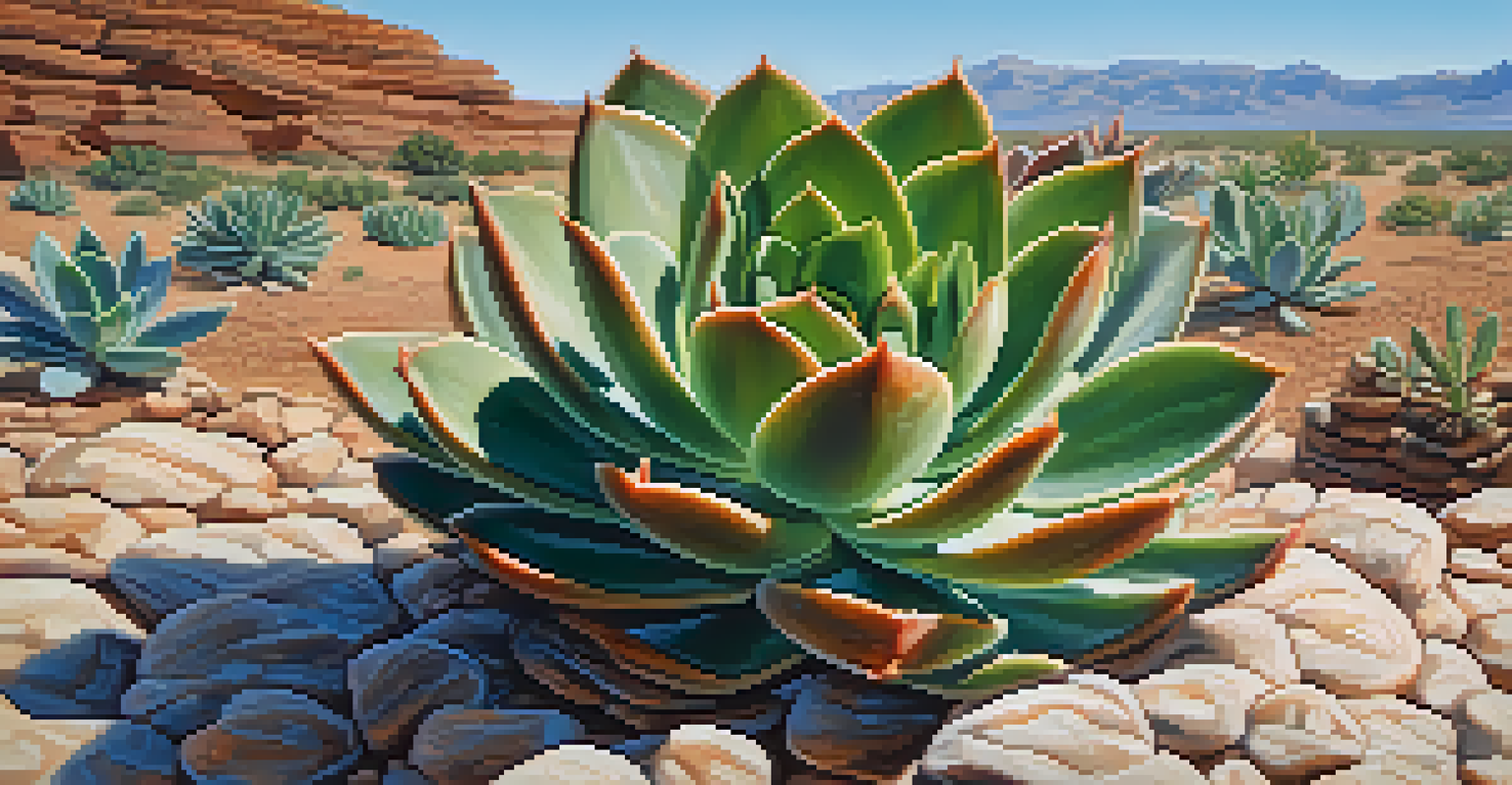 Close-up of a succulent plant with thick, fleshy leaves reflecting moisture, set against dry, rocky soil.