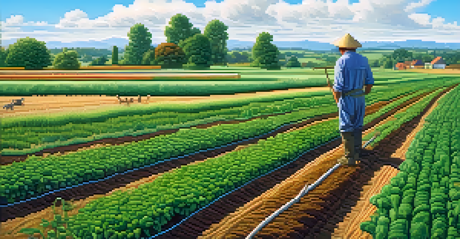 A farmer enhancing soil health with organic matter in a thriving crop field, emphasizing sustainable agriculture practices.