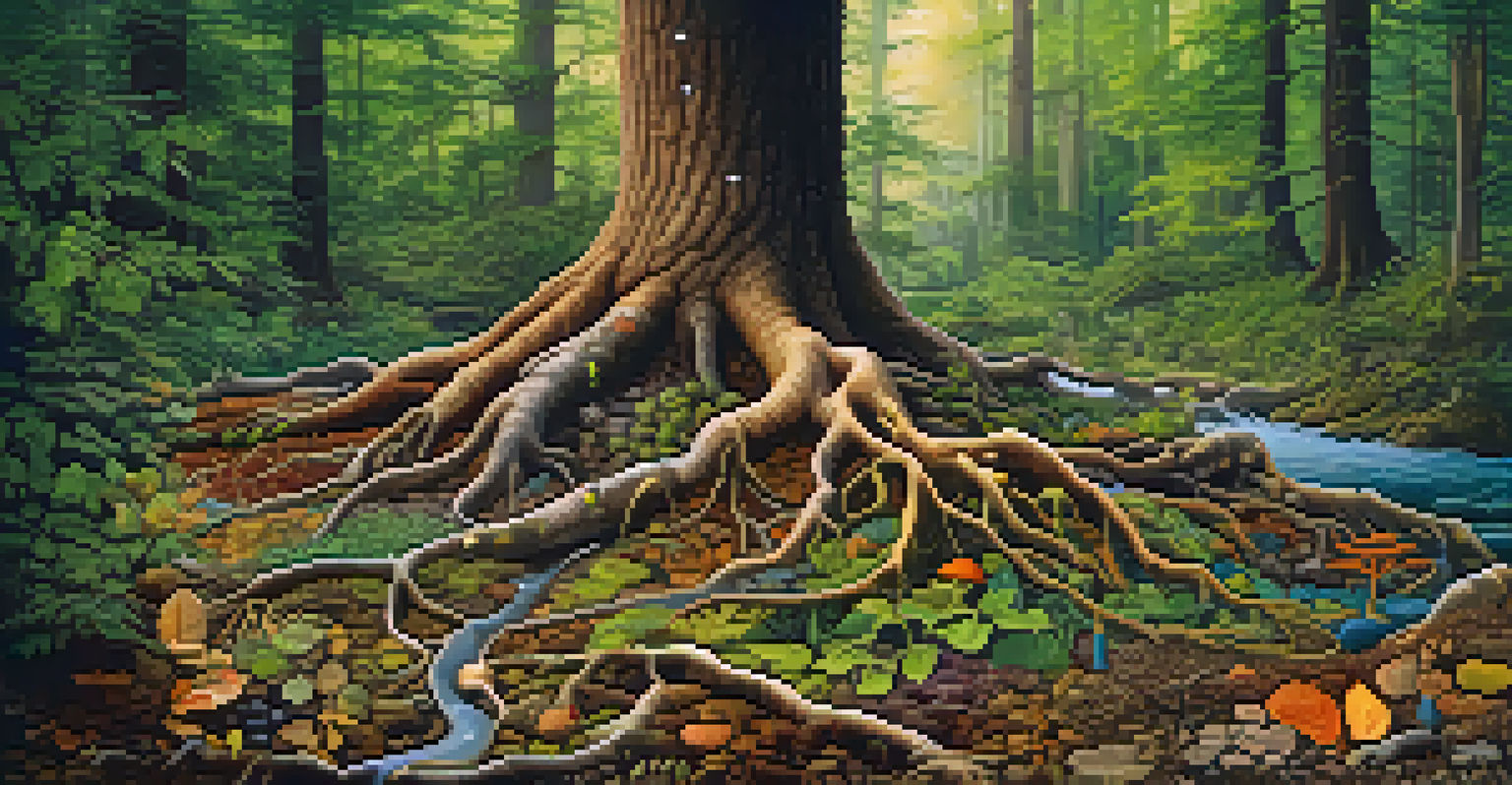 A tree with roots interconnected with soil organisms, showing nutrient cycling with colorful leaves decomposing.