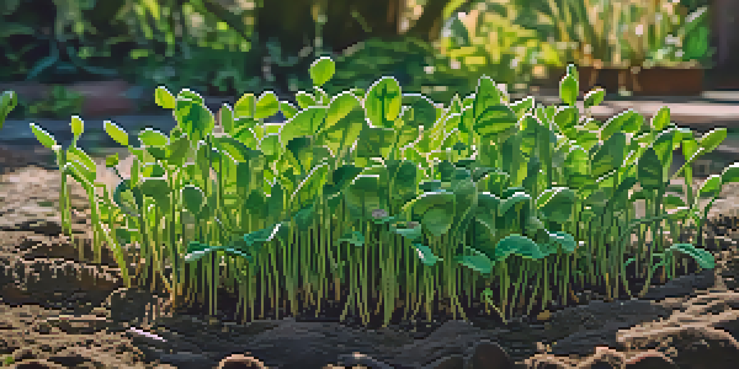 A close-up of a green legume plant showing root nodules in soil, with sunlight and colorful flowers in the background.