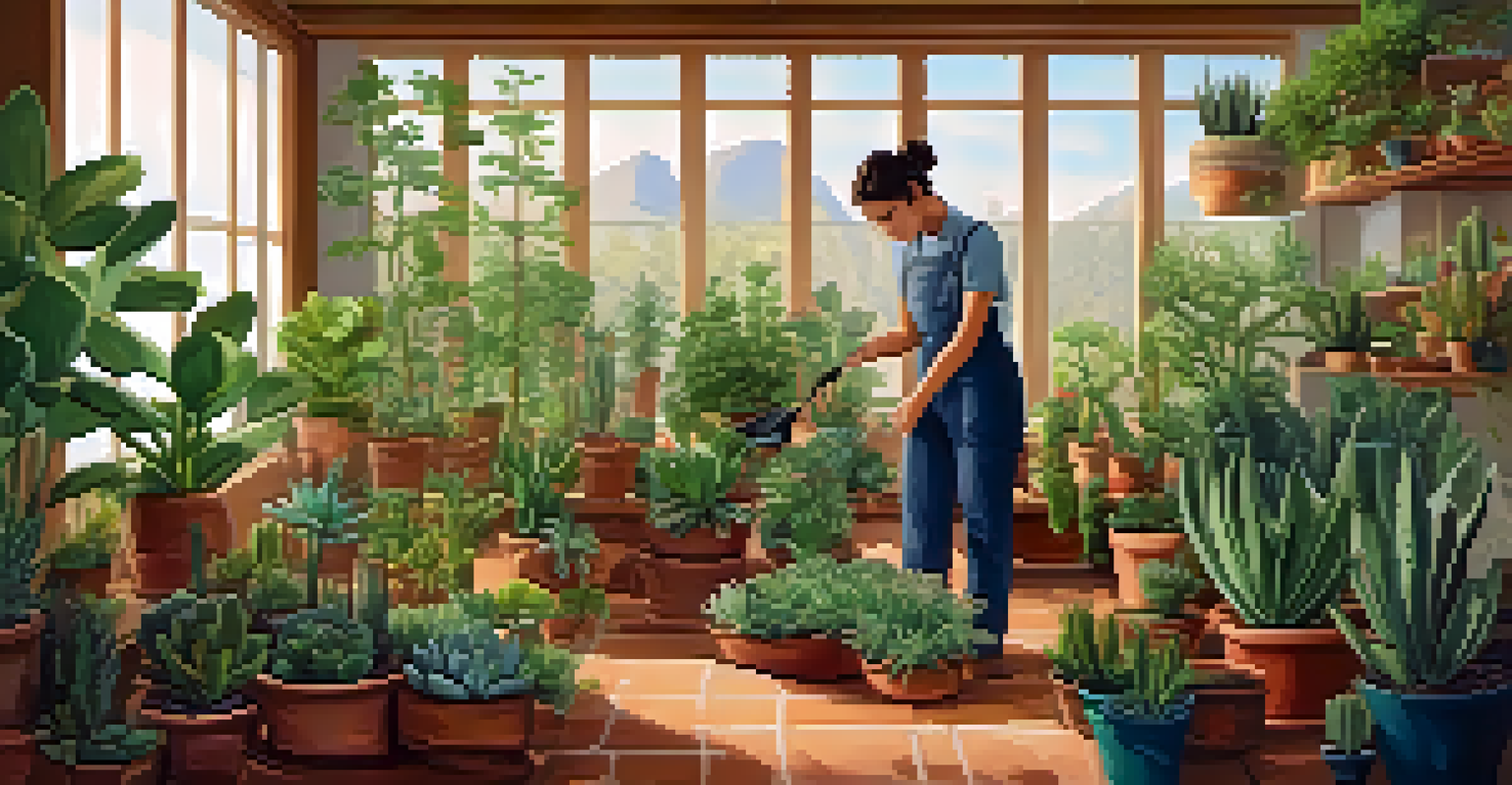 A gardener examining soil moisture among various potted plants, with gardening tools in a warmly lit room.