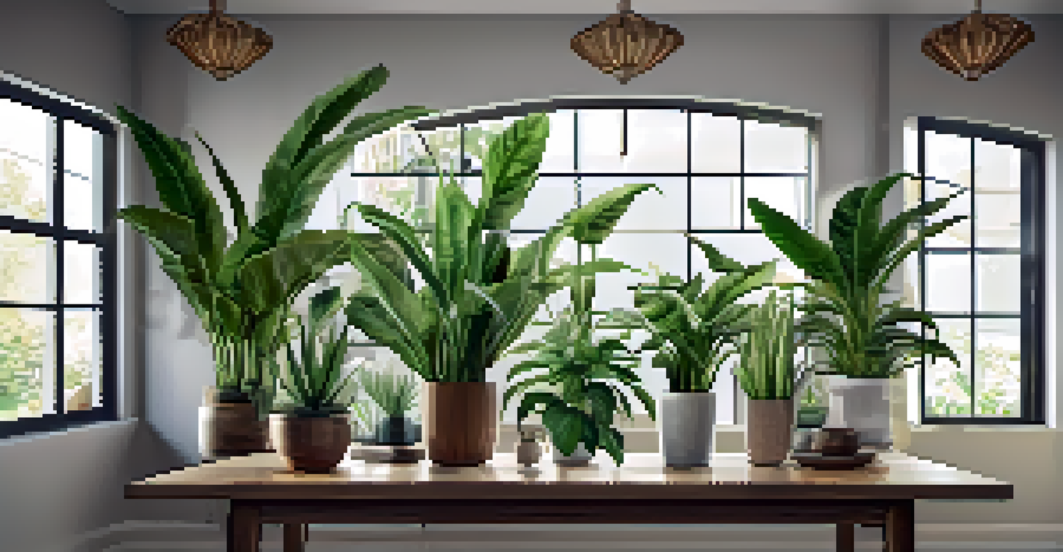 An indoor plant layout on a wooden table showcasing peace lilies and snake plants in decorative pots, illuminated by soft ambient lighting.