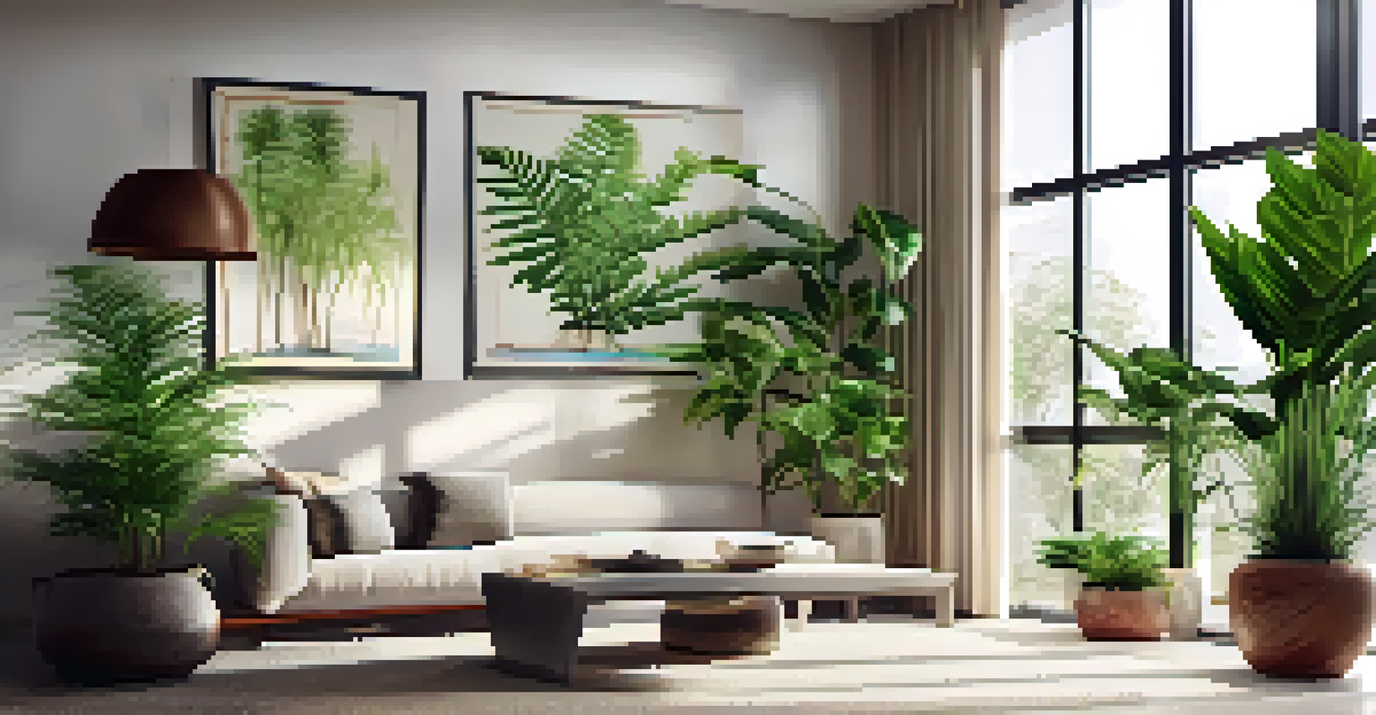 An indoor garden in a living room corner with various plants in decorative pots, illuminated by sunlight.