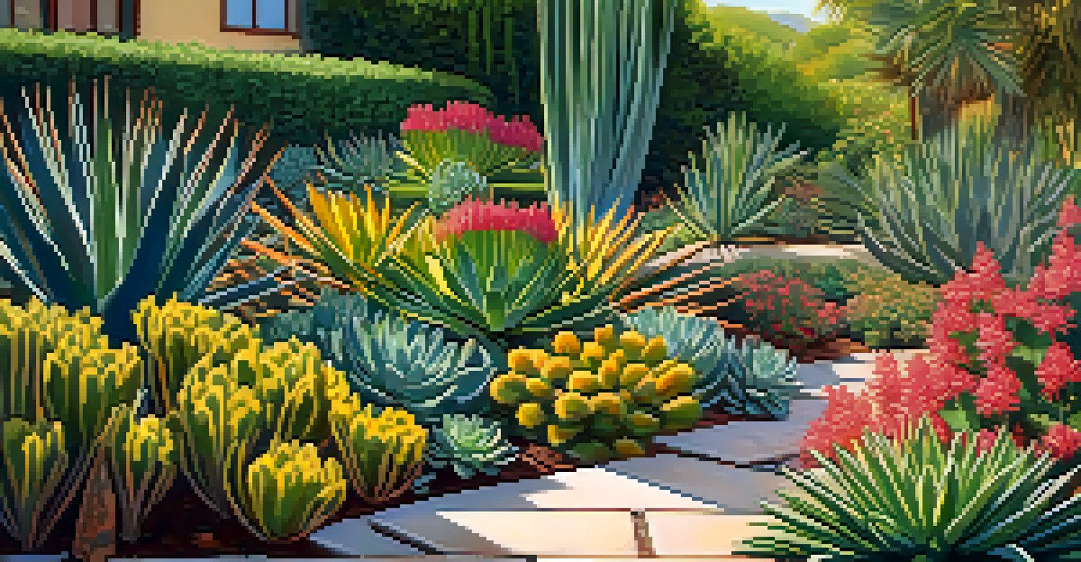 An outdoor garden featuring Sedum and Agave plants, with blooming flowers and warm sunlight enhancing the scene.