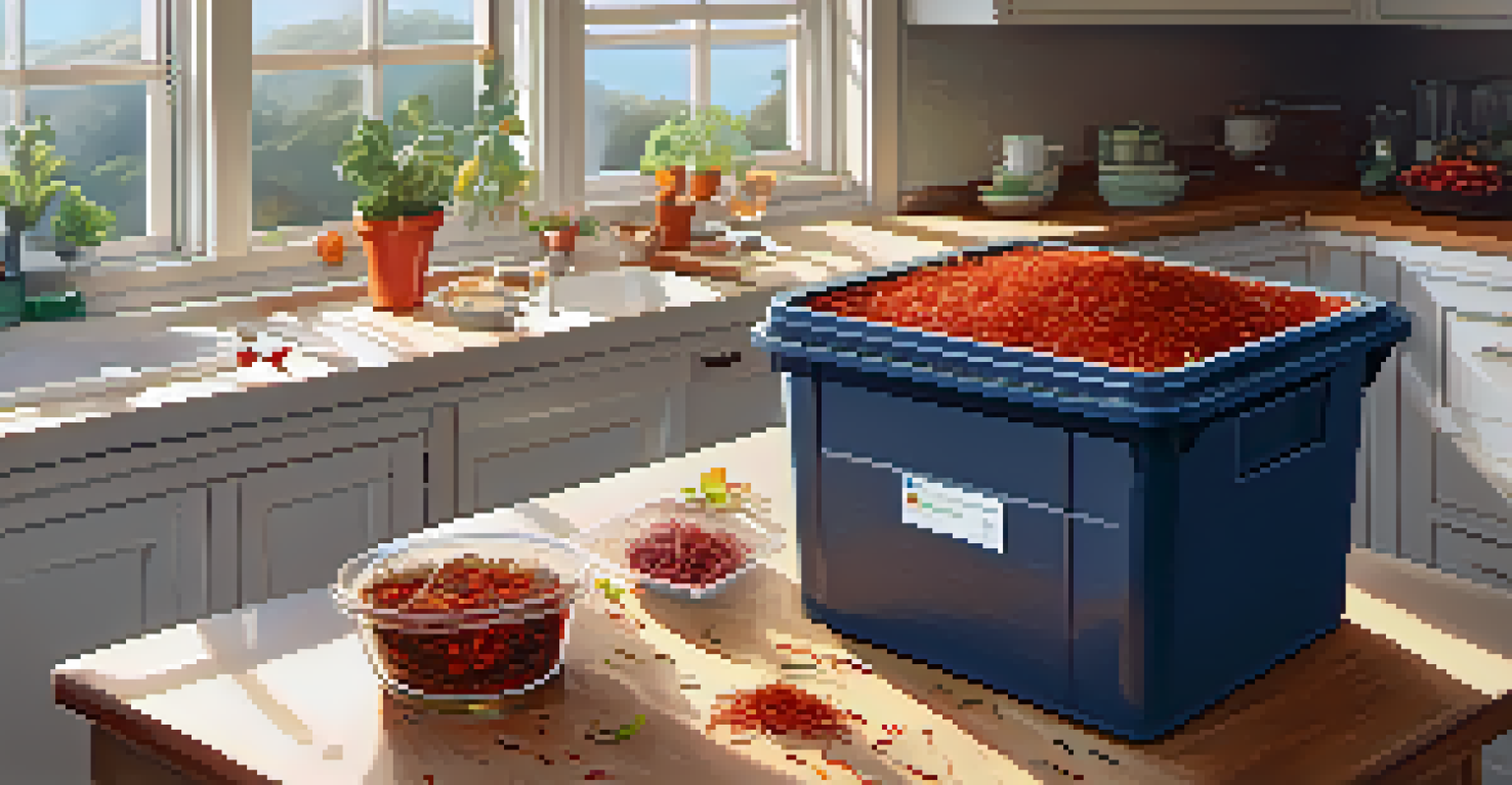 An indoor vermicomposting bin with red worms and kitchen scraps on a kitchen counter, illuminated by natural light.