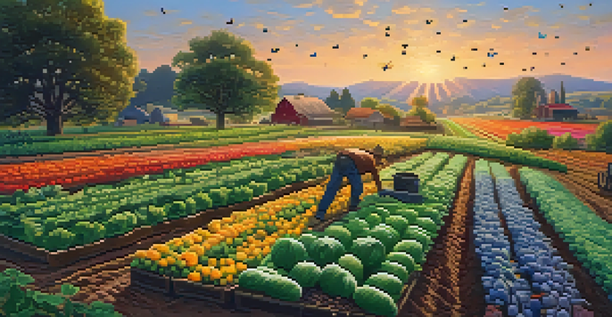 An organic farm at sunrise with rows of colorful crops and a farmer tending to the garden, surrounded by bees and butterflies.