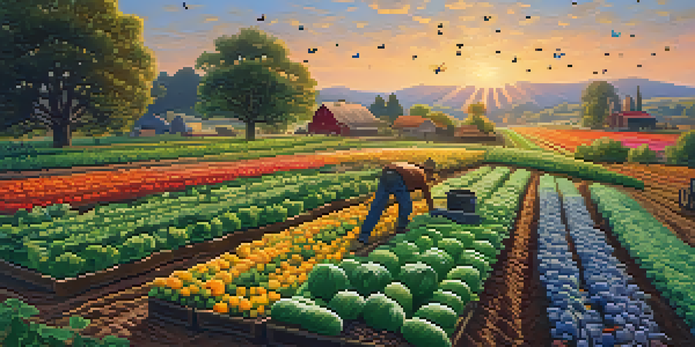 An organic farm at sunrise with rows of colorful crops and a farmer tending to the garden, surrounded by bees and butterflies.