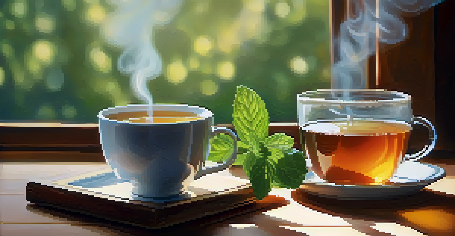 A steaming cup of peppermint tea on a wooden table, surrounded by fresh peppermint leaves and a honey jar, in a cozy setting.