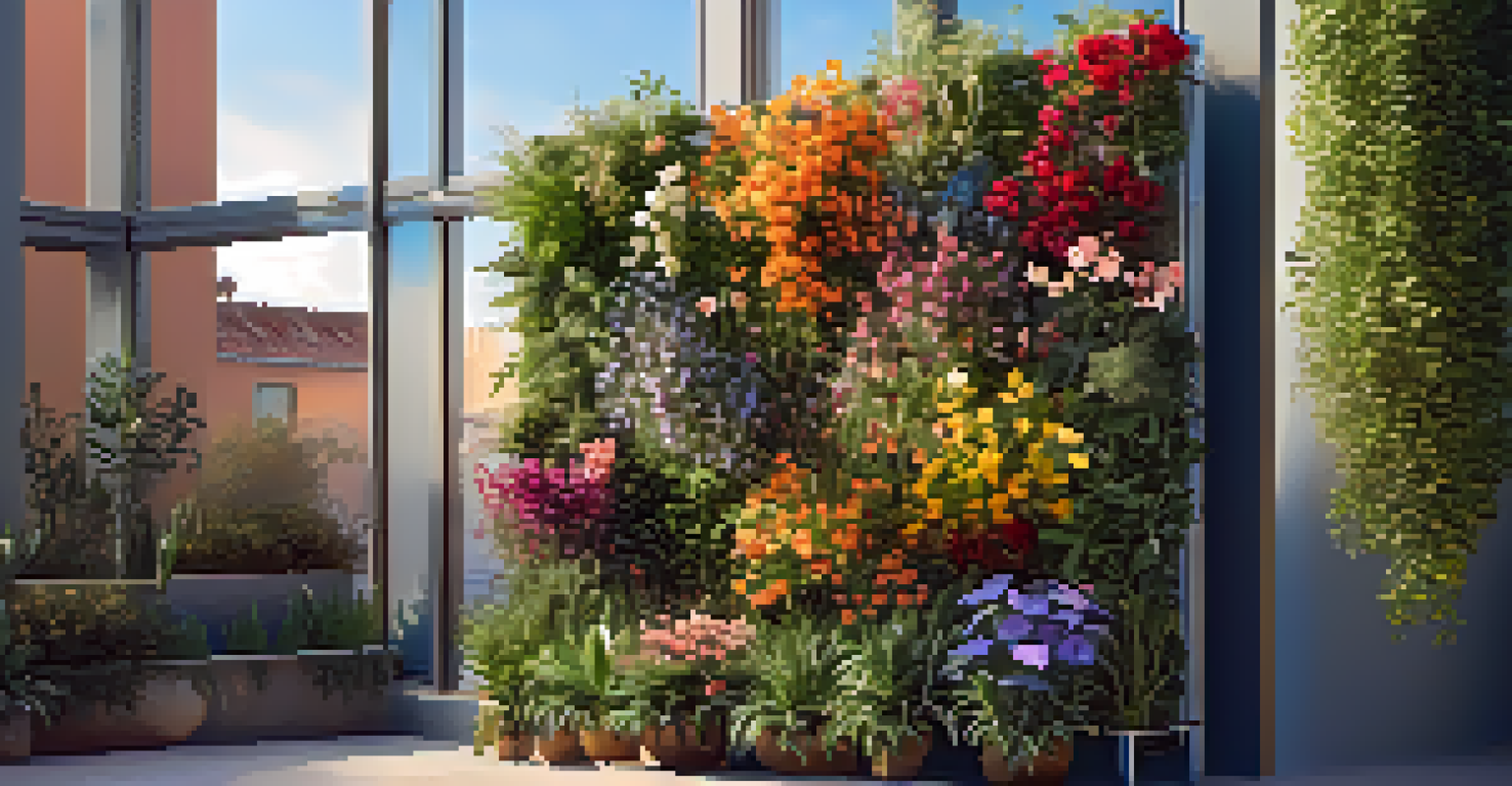 A vibrant outdoor vertical garden with colorful flowers and trailing plants, illuminated by warm golden hour sunlight against a blue sky.