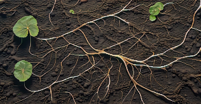 Close-up of mycorrhizal fungi and plant roots in dark soil, displaying a network of fungal hyphae.