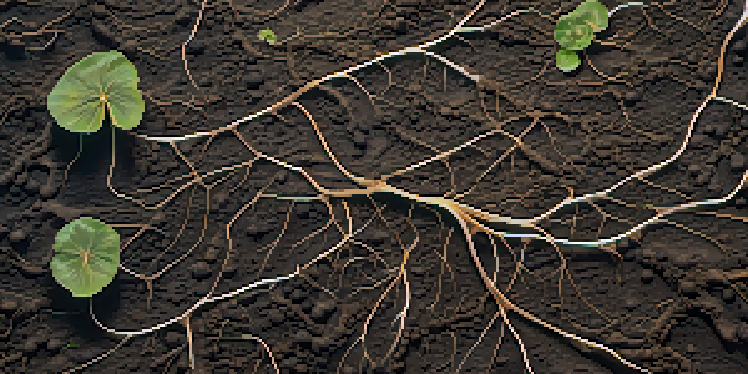 Close-up of mycorrhizal fungi and plant roots in dark soil, displaying a network of fungal hyphae.