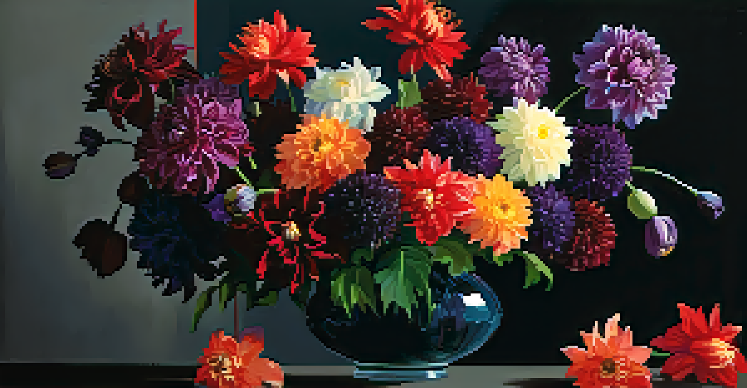 A dramatic bouquet of deep red and purple flowers against a dark backdrop, emphasizing the negative space around them.