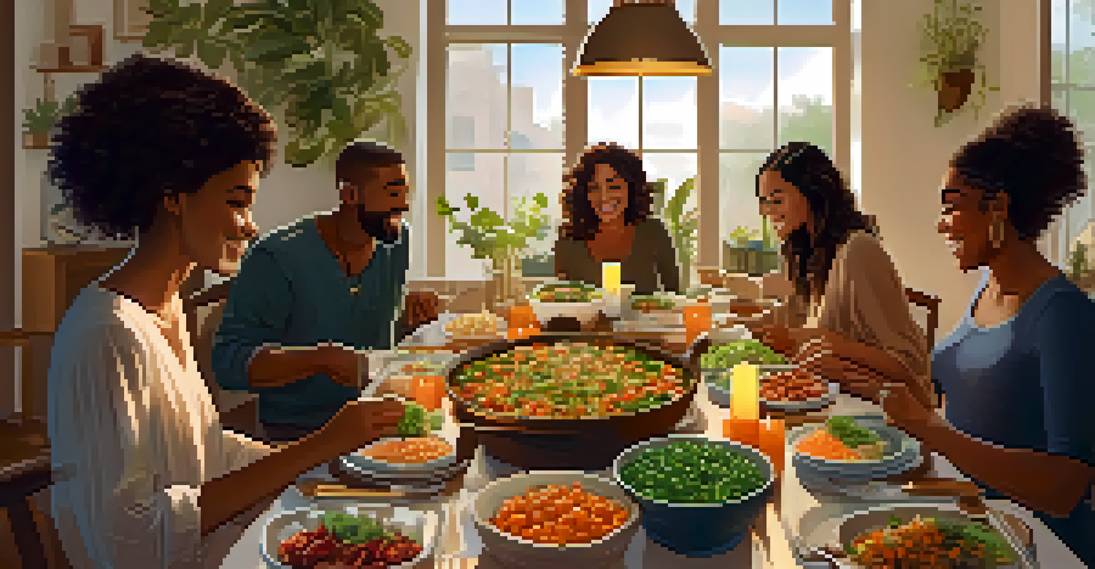 Friends enjoying a plant-based meal together around a dining table filled with various dishes.