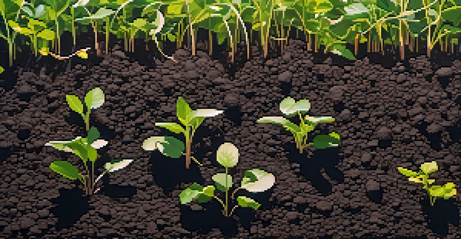 Close-up of healthy soil with cover crops and sunlight filtering through the leaves, emphasizing sustainable farming.