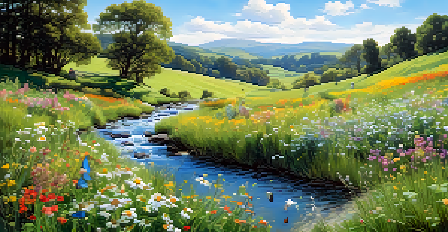 A colorful meadow with various flowering plants, butterflies, and a stream under a clear blue sky, with rolling hills in the background.