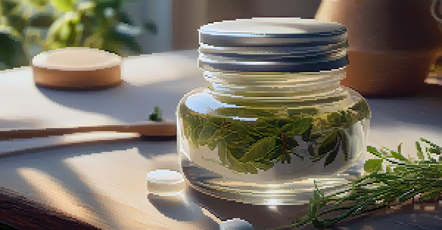 Close-up of a hand holding a glass jar of plant-based moisturizer with herbs and flowers in the background.