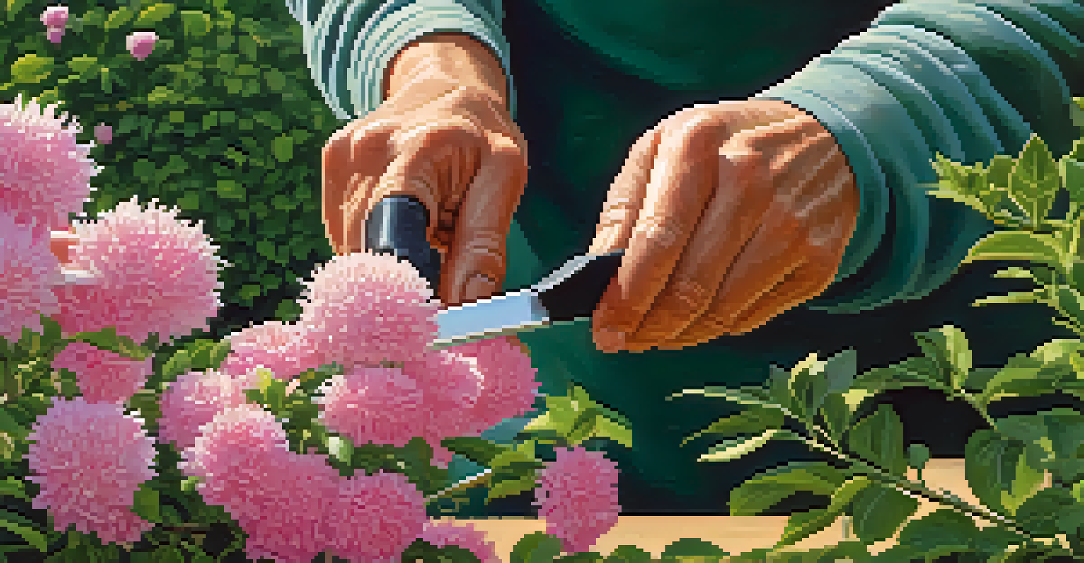 A gardener demonstrating proper pruning cuts on a flowering shrub in a well-maintained garden.