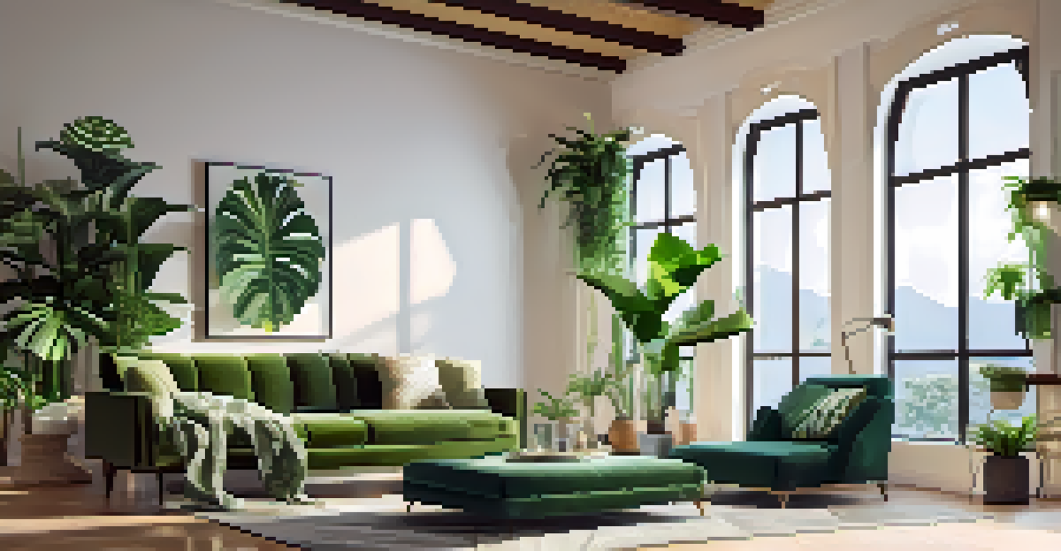 A serene living room with various green plants, including a snake plant and pothos vine, illuminated by sunlight.