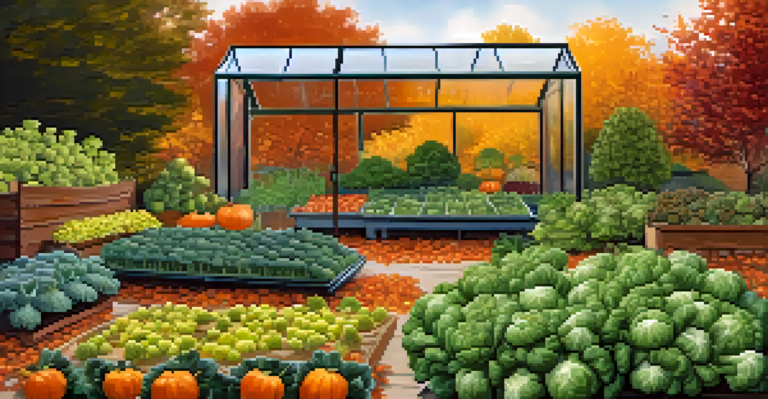 An autumn garden with broccoli and Brussels sprouts, surrounded by colorful fall leaves and a protective cold frame.
