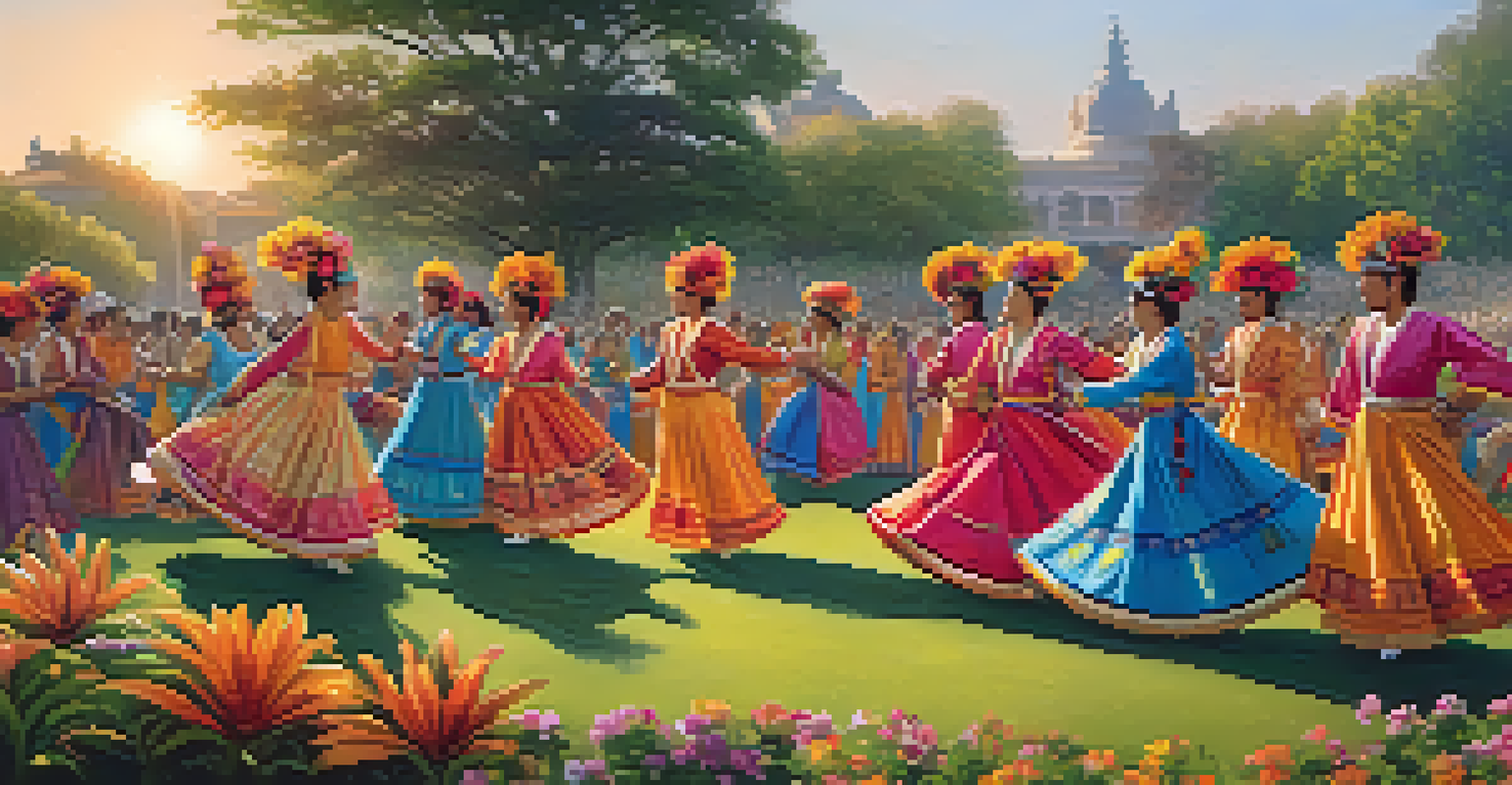 A traditional dance performance at the Garden Festival, with dancers in colorful costumes performing on a grassy knoll amidst blooming flowers and an audience enjoying the atmosphere.