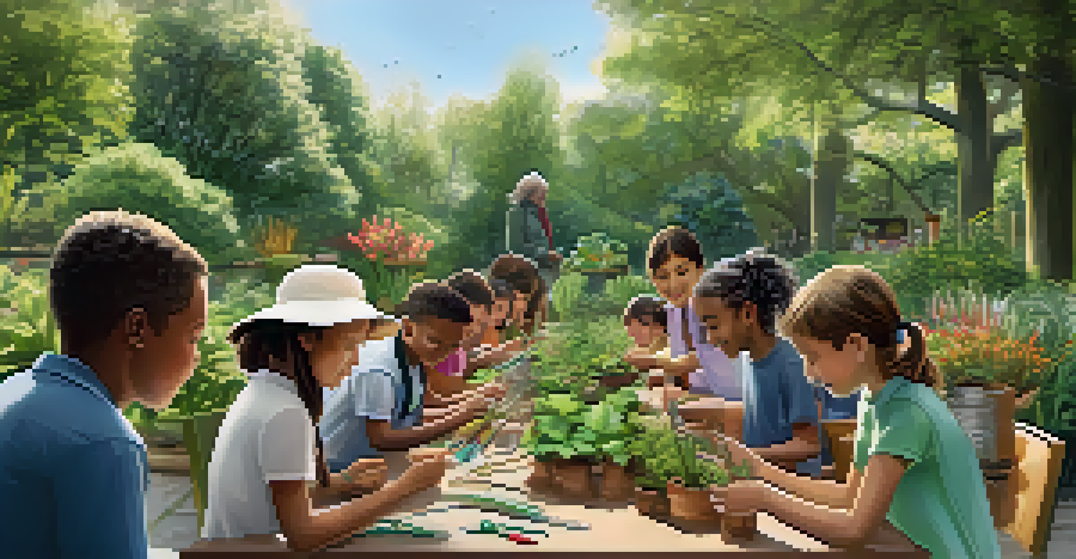 A workshop in a botanical garden with participants learning about sustainable gardening, surrounded by tools and native plants, illuminated by sunlight.