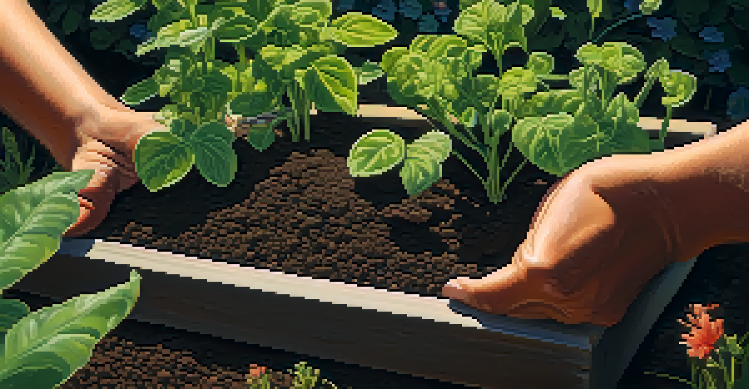 A close-up of hands planting seeds in a garden bed, with green plants and flowers in the background.