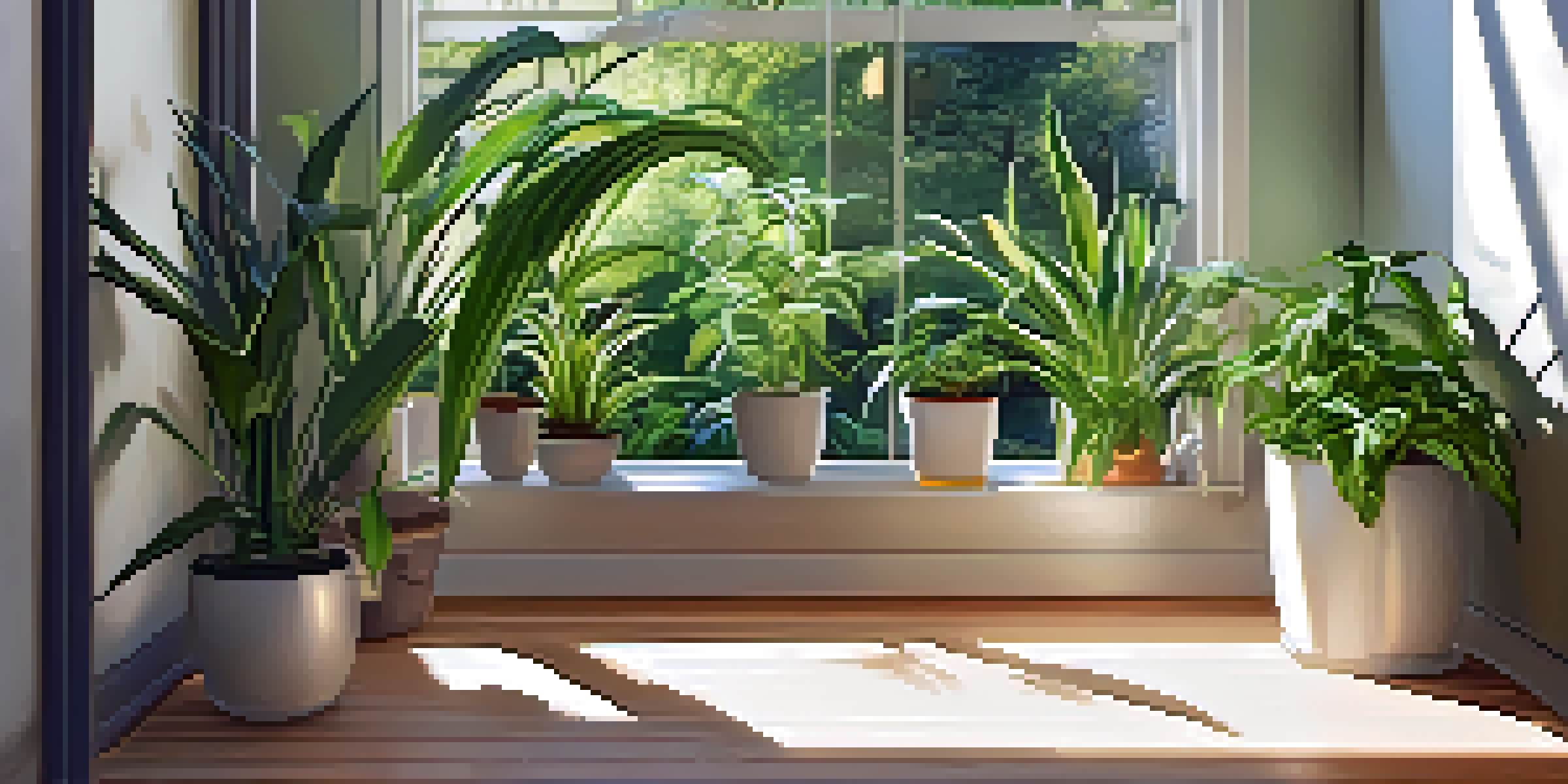 A vibrant indoor garden with a variety of green plants arranged on shelves by a sunlit window, creating a peaceful ambiance.