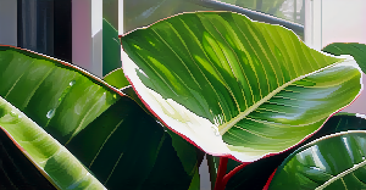A close-up view of a rubber plant with shiny leaves, glistening with water droplets in soft sunlight.