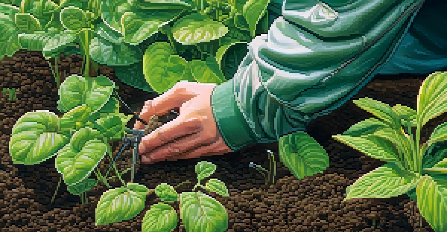 A gardener using sticky traps in a garden to manage pests sustainably.