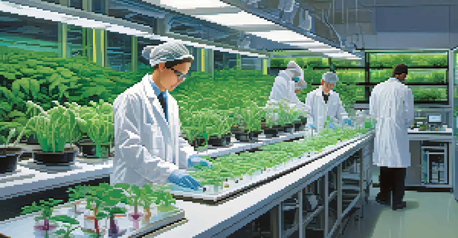 A laboratory with scientists studying genetically modified plants for biofuel production, surrounded by scientific equipment and bright lights.