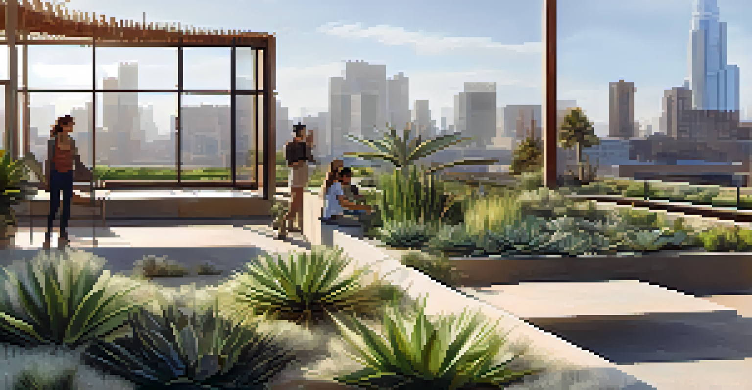 A rooftop garden featuring drought-resistant plants like agave and yucca, with a city skyline in the background and people enjoying the green space.