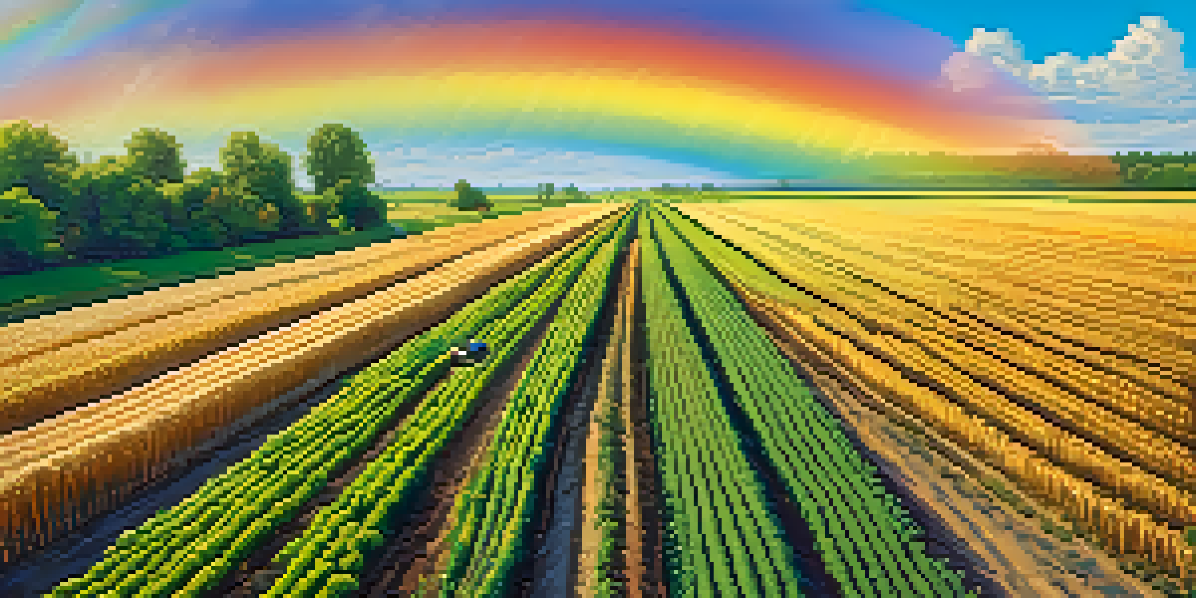 A farmer uses a drone to monitor a diverse agricultural field under a clear sky, with a rainbow in the background.