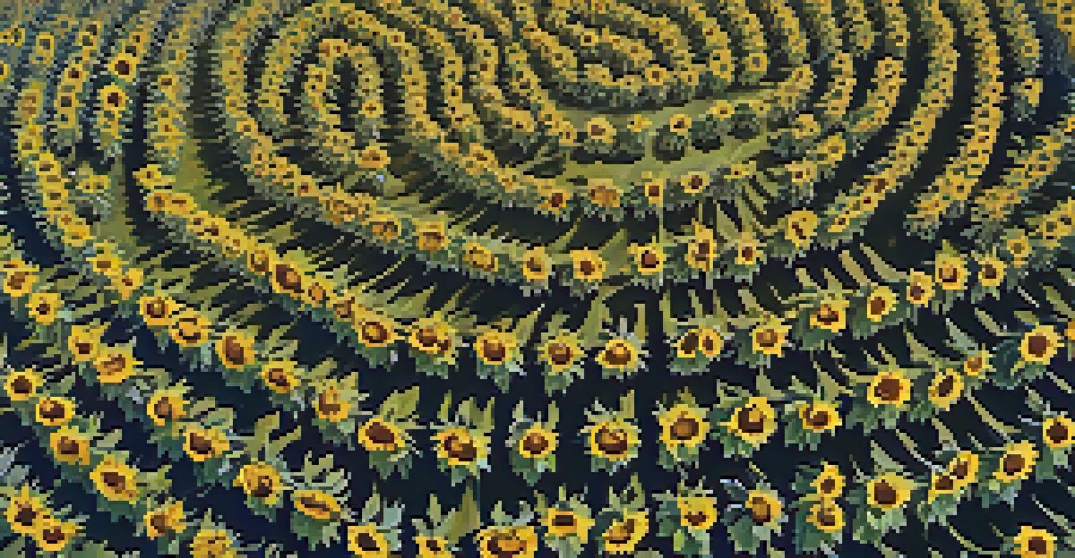 Aerial view of a sunflower field with leaves arranged in a spiral pattern, bright yellow sunflower heads facing the sun.