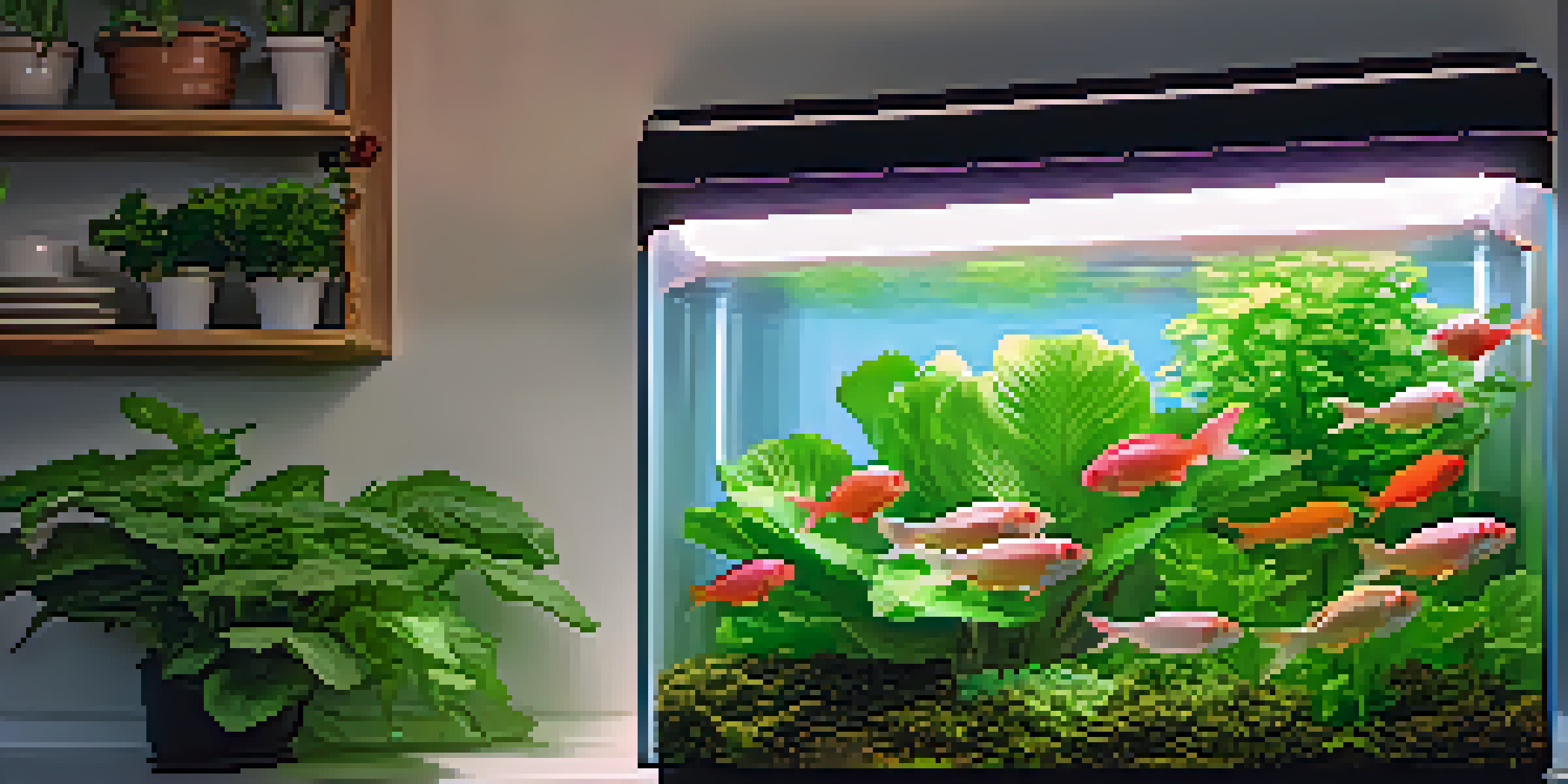 An aquaponics system with a fish tank and plants, showing vibrant tilapia and leafy greens under sunlight.