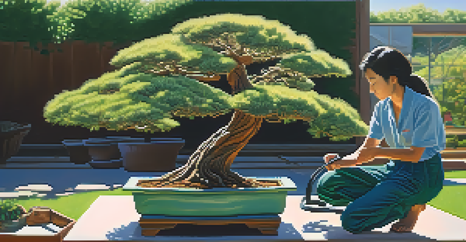 A gardener shaping a bonsai tree with wire in a sunny outdoor setting.