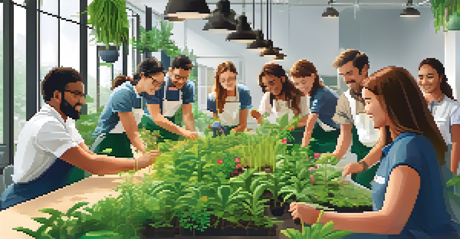 Employees participating in a plant care workshop, surrounded by greenery in a bright meeting room.