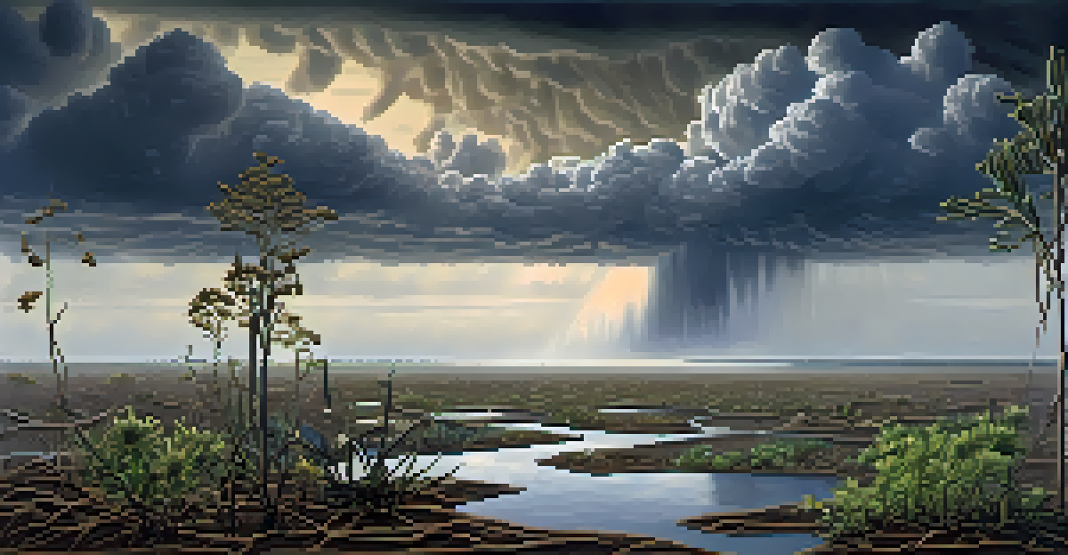 A split scene showing drought on one side with wilting plants and floods on the other with submerged vegetation, under storm clouds.