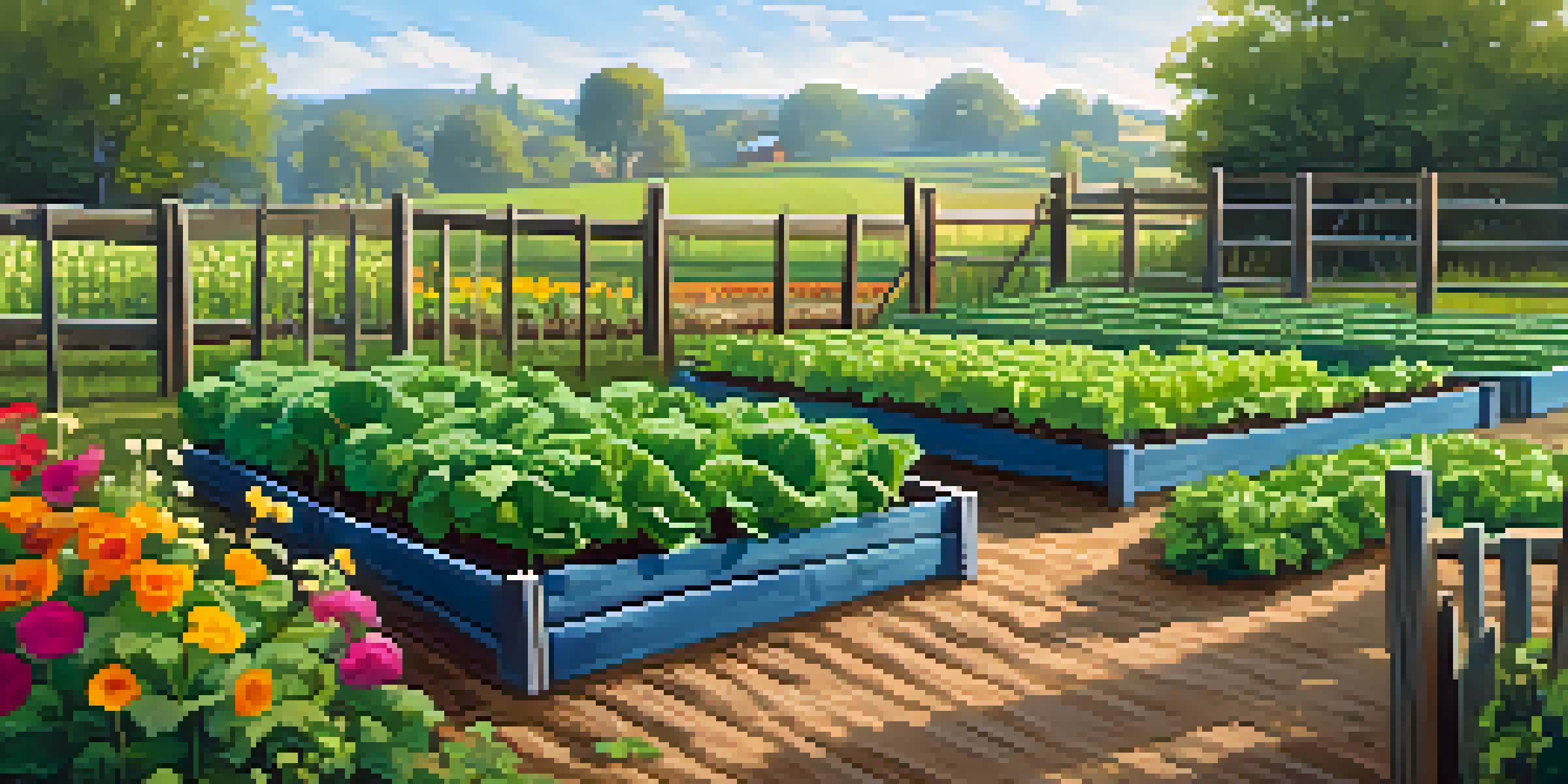 A colorful vegetable garden filled with spinach, lettuce, and peas, glistening with morning dew under a clear blue sky.