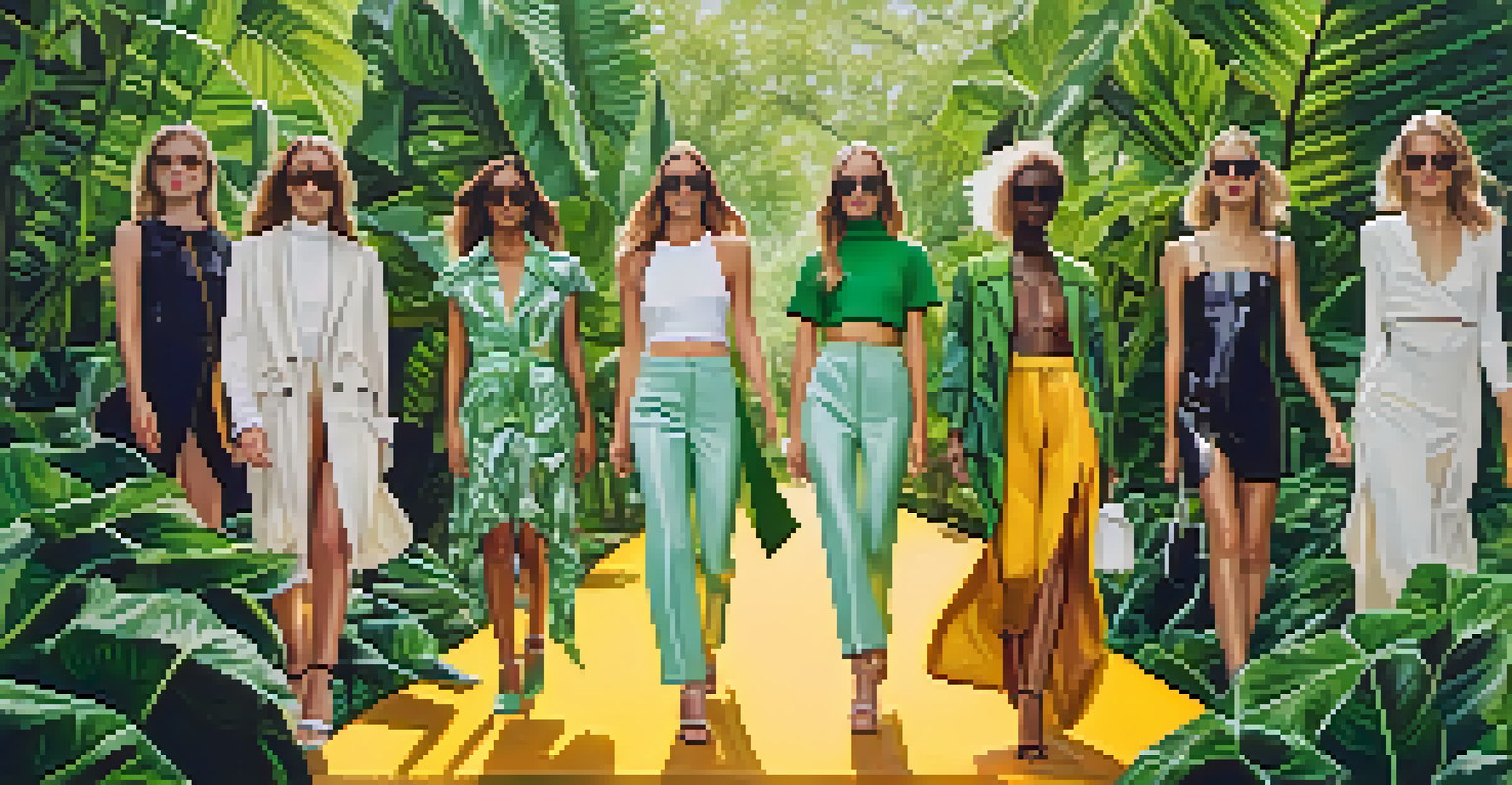 Models showcasing fashionable outfits made from plant-based materials in a green park setting.