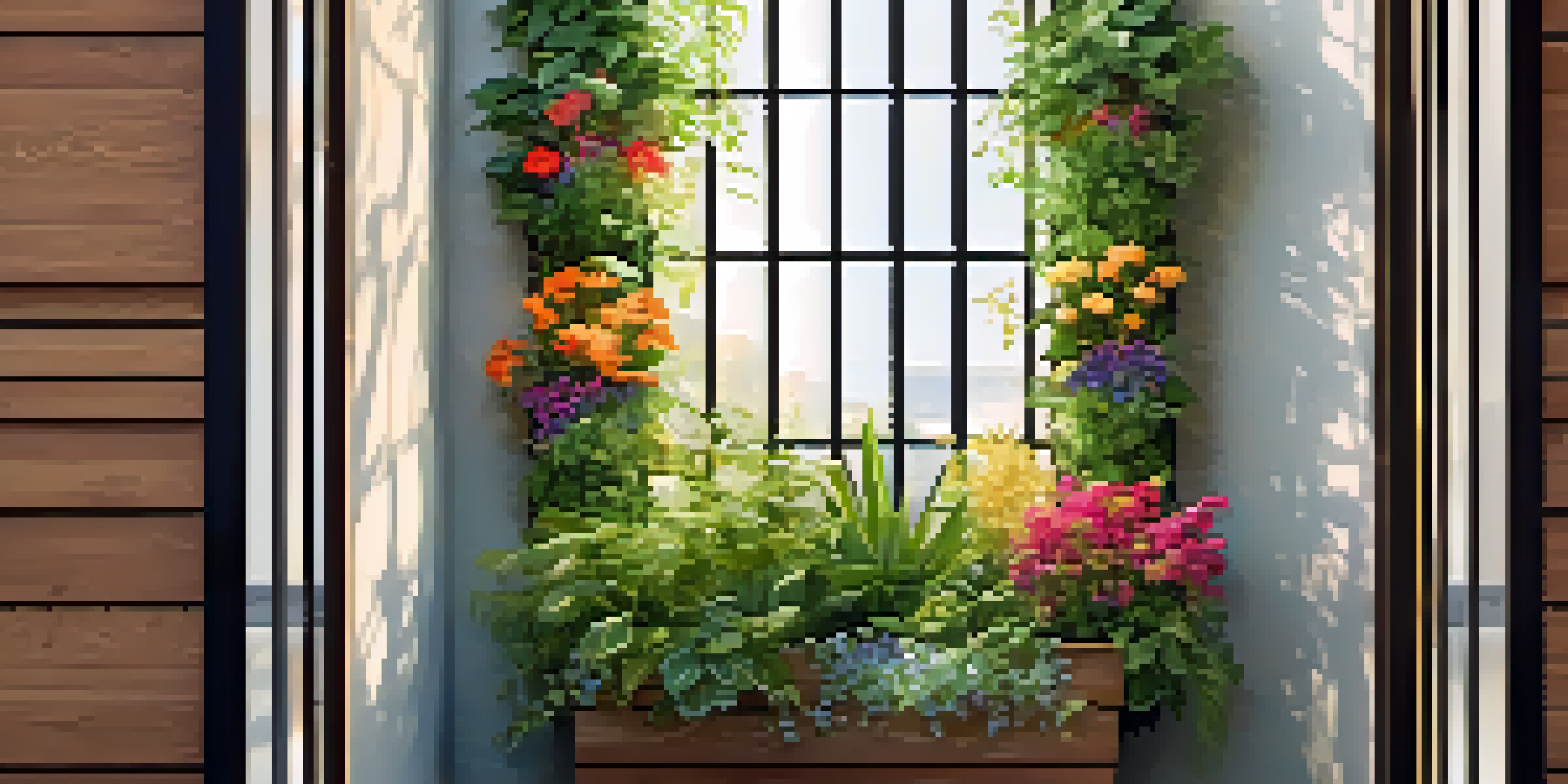 A vertical garden with colorful flowers and herbs on a wooden trellis, illuminated by sunlight.