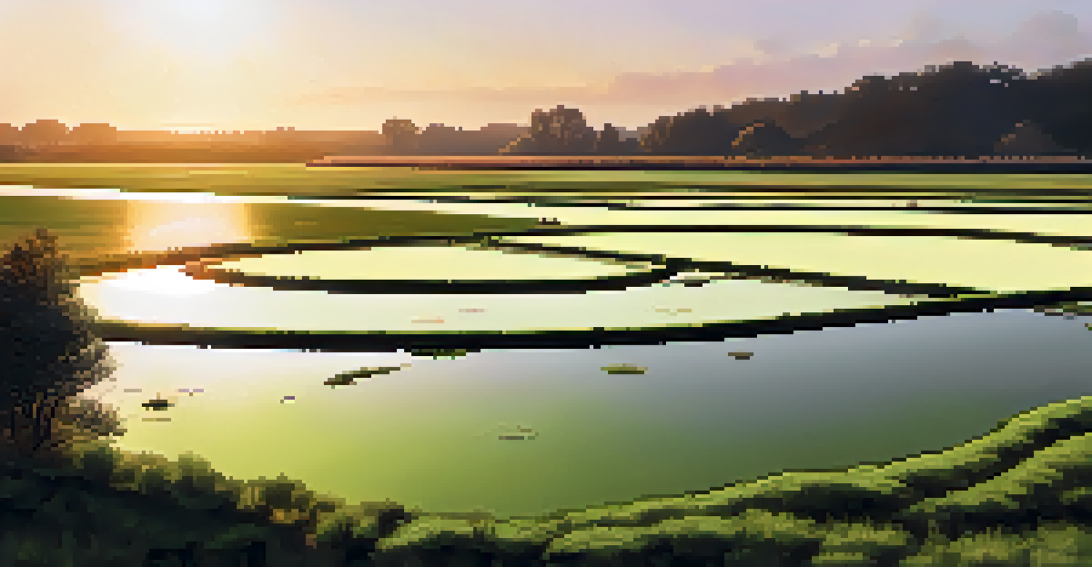 A farm landscape with algae cultivation ponds and farmers working at sunset.