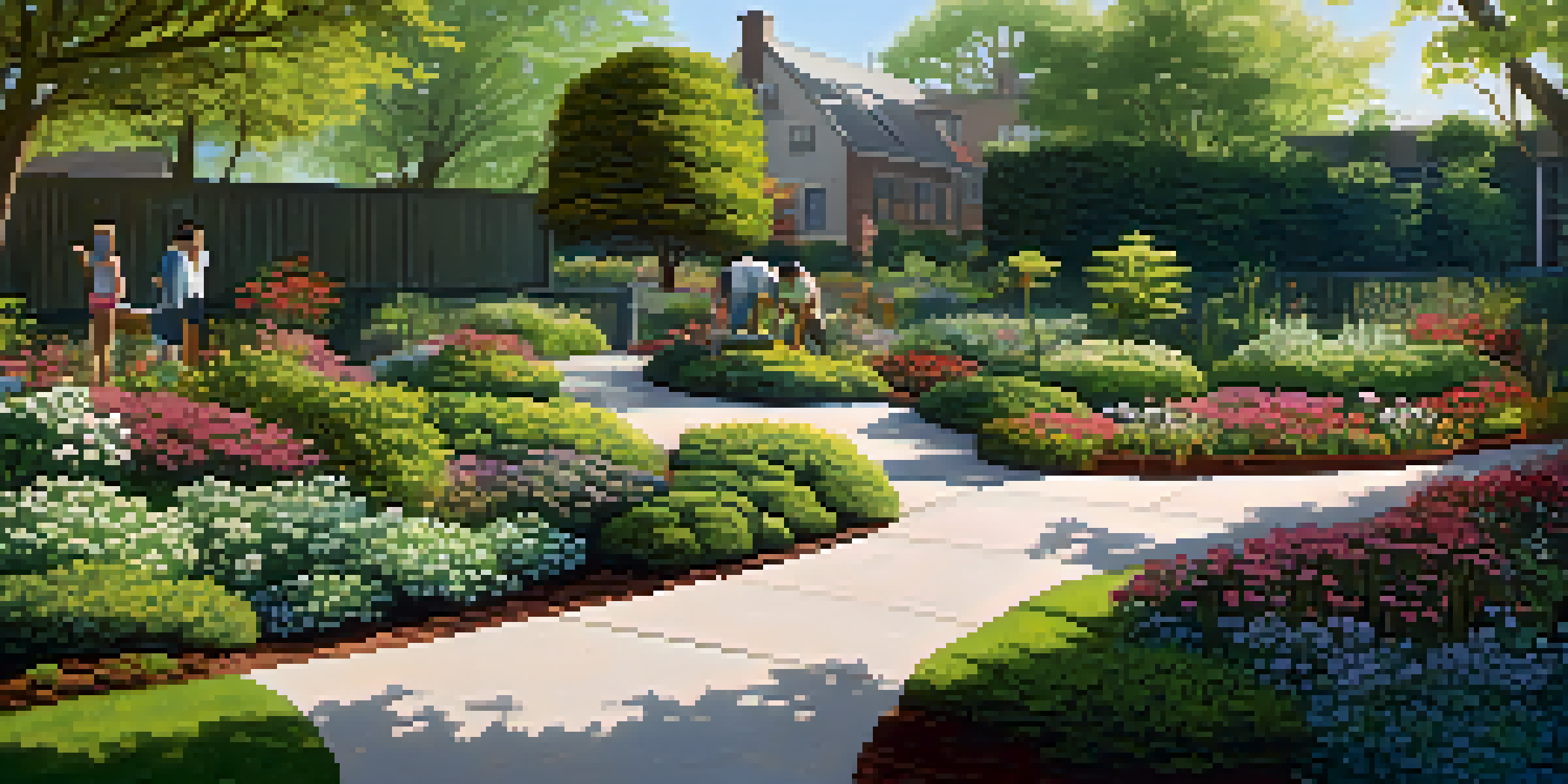 An urban garden filled with different plants, including oak trees and shrubs, with people tending to it in a sunny city environment.