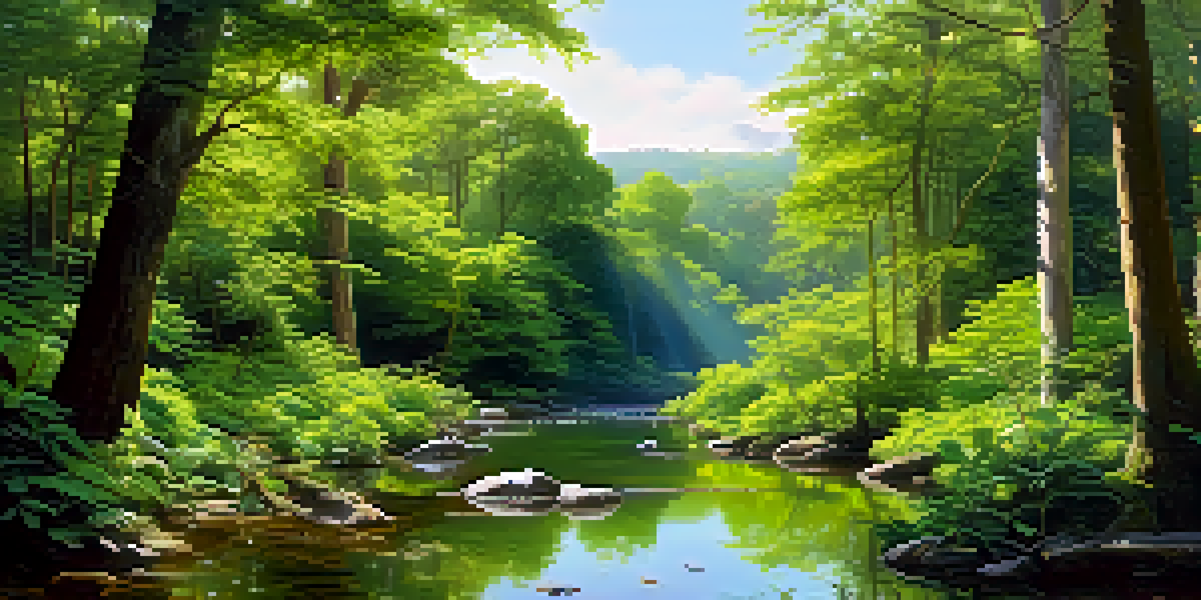 A vibrant green forest with tall trees, sunlight filtering through the leaves, and a small stream flowing in the foreground, creating a serene atmosphere.