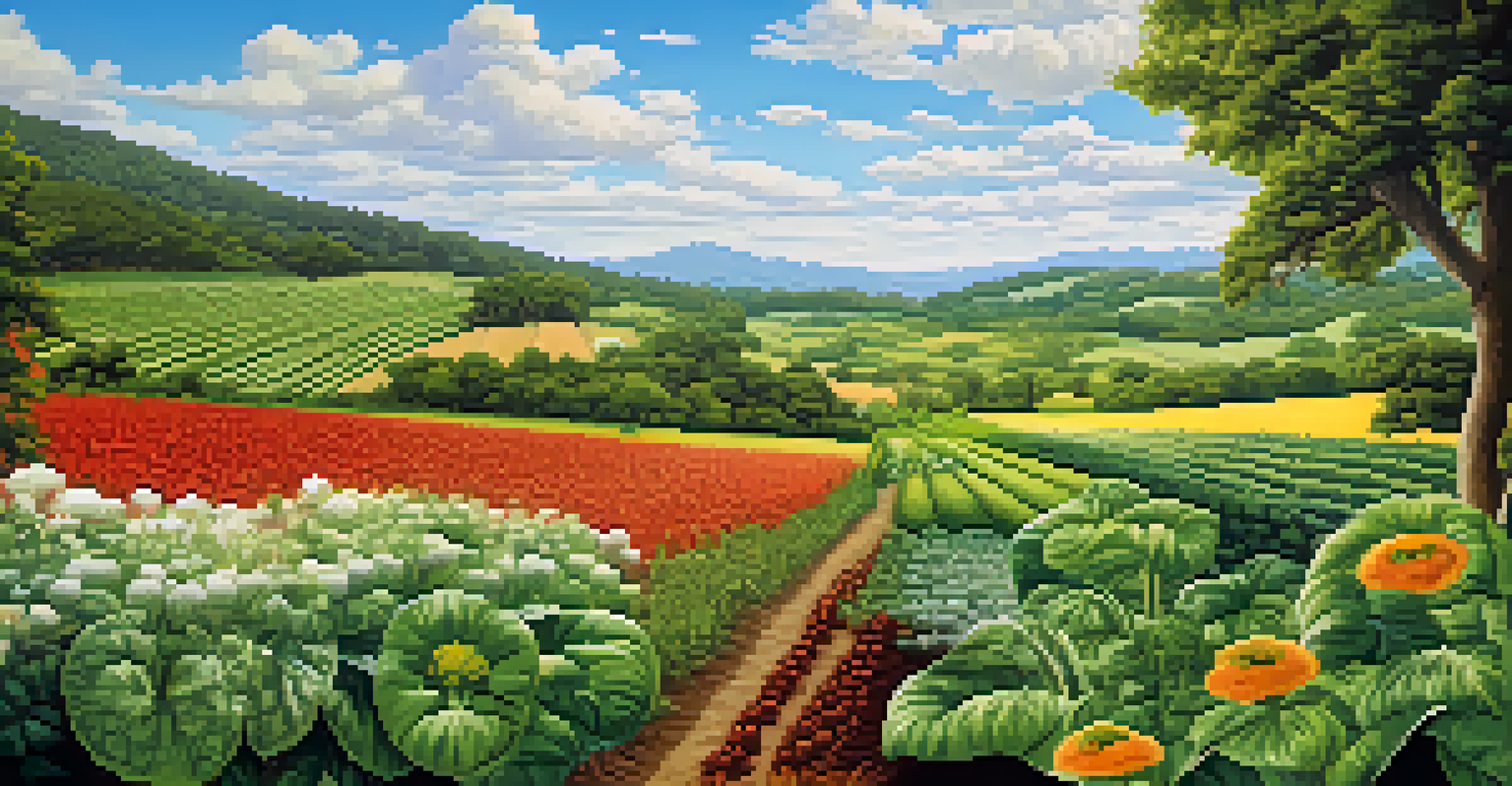 A vibrant farm ecosystem with rich soil, diverse crops, and beneficial insects under a bright sky.